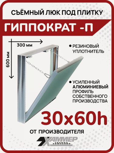 Изображение товара Люк под плитку Хаммер Гиппократ-П 30х60 (ШхВ), зацепы на стороне 30, откидной, со съемной дверцей