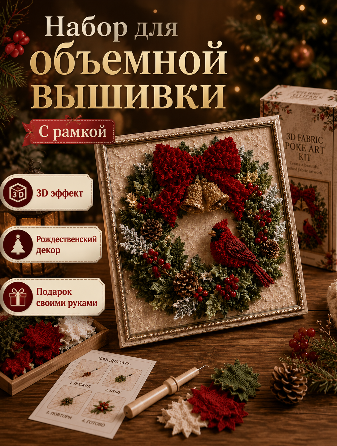 Комплект для вышивания тычком с рисунком Санта-Клауса в окружении зеленого рождественского венка, набор с рамкой и плюшевой пряжей для декора