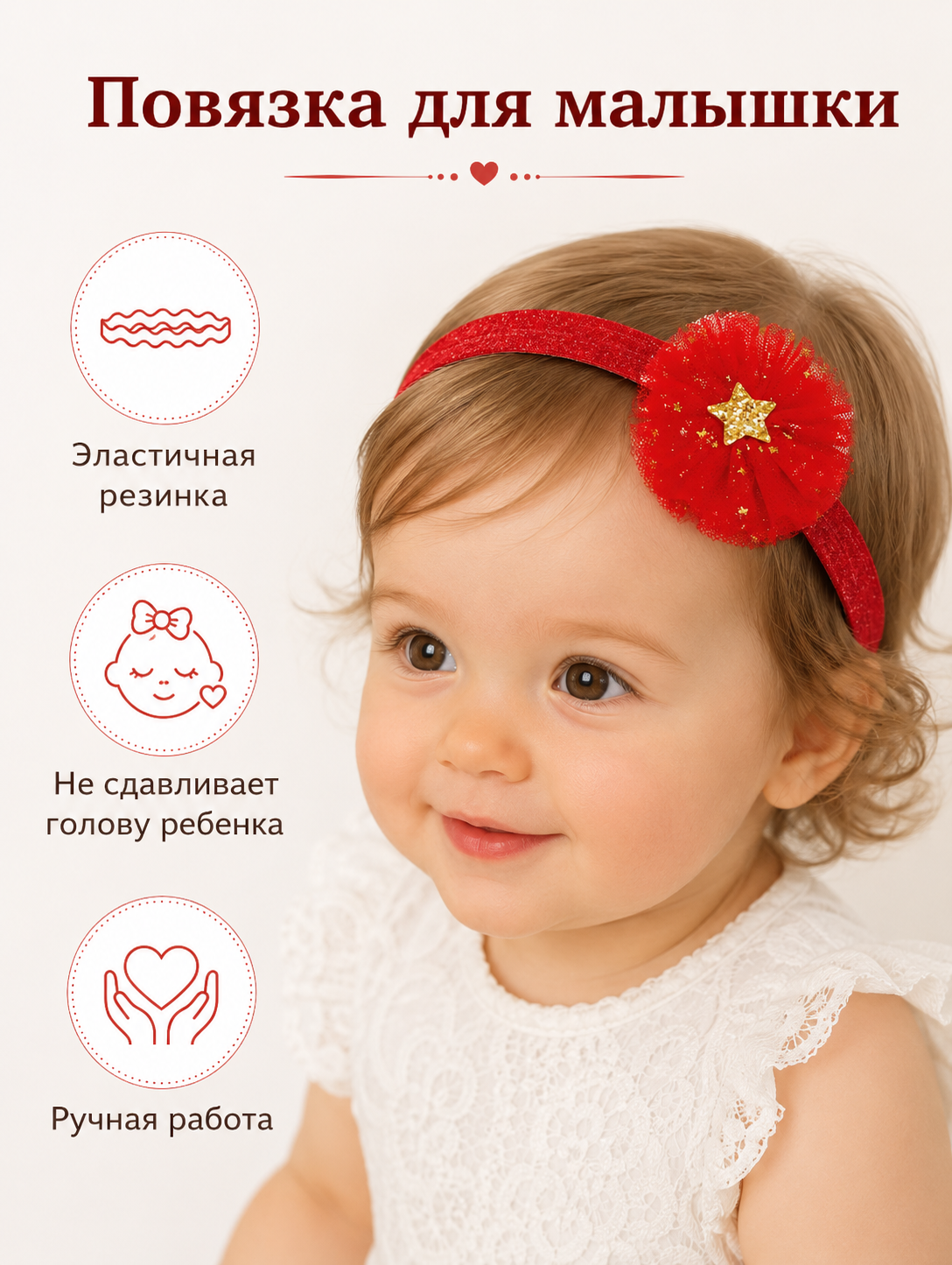 Повязка на голову Арт и Дизайн, для новорожденных, эластичная лента, красный цвет