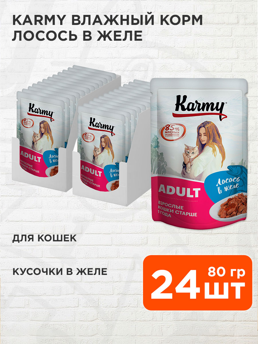 Корм влажный Karmy Adult для взрослых кошек, лосось в желе, 80 гр 24 шт