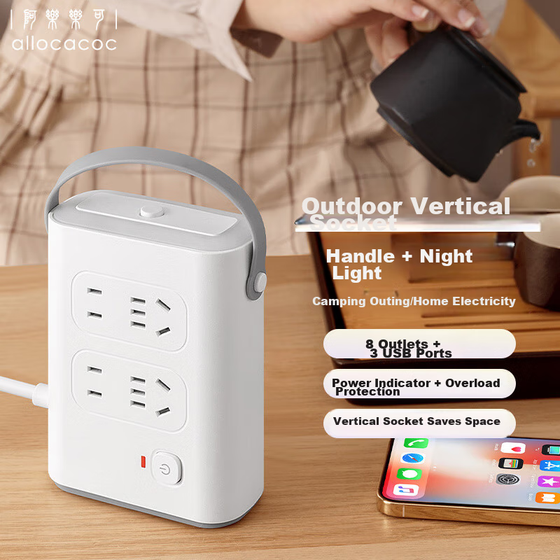 Aleleke Вертикальная двойная розетка 8-портовая с главным управлением, 3 USB-порта, ночная подсветка и защита от