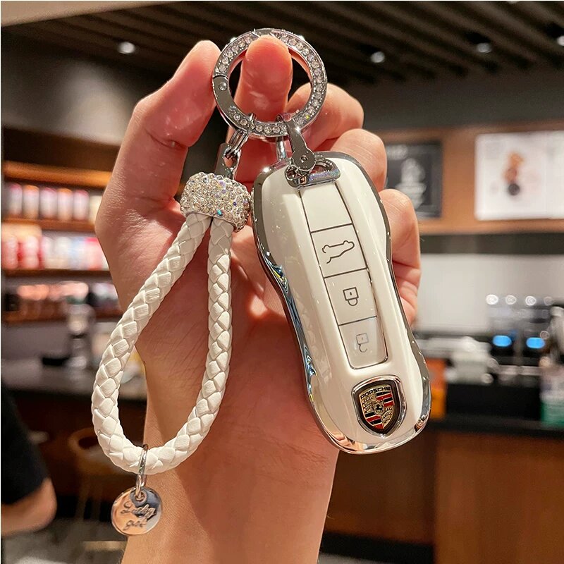 Чехол для ключа Porsche Ивовый белый с алмазным кольцом и алмазной веревкой для женщин