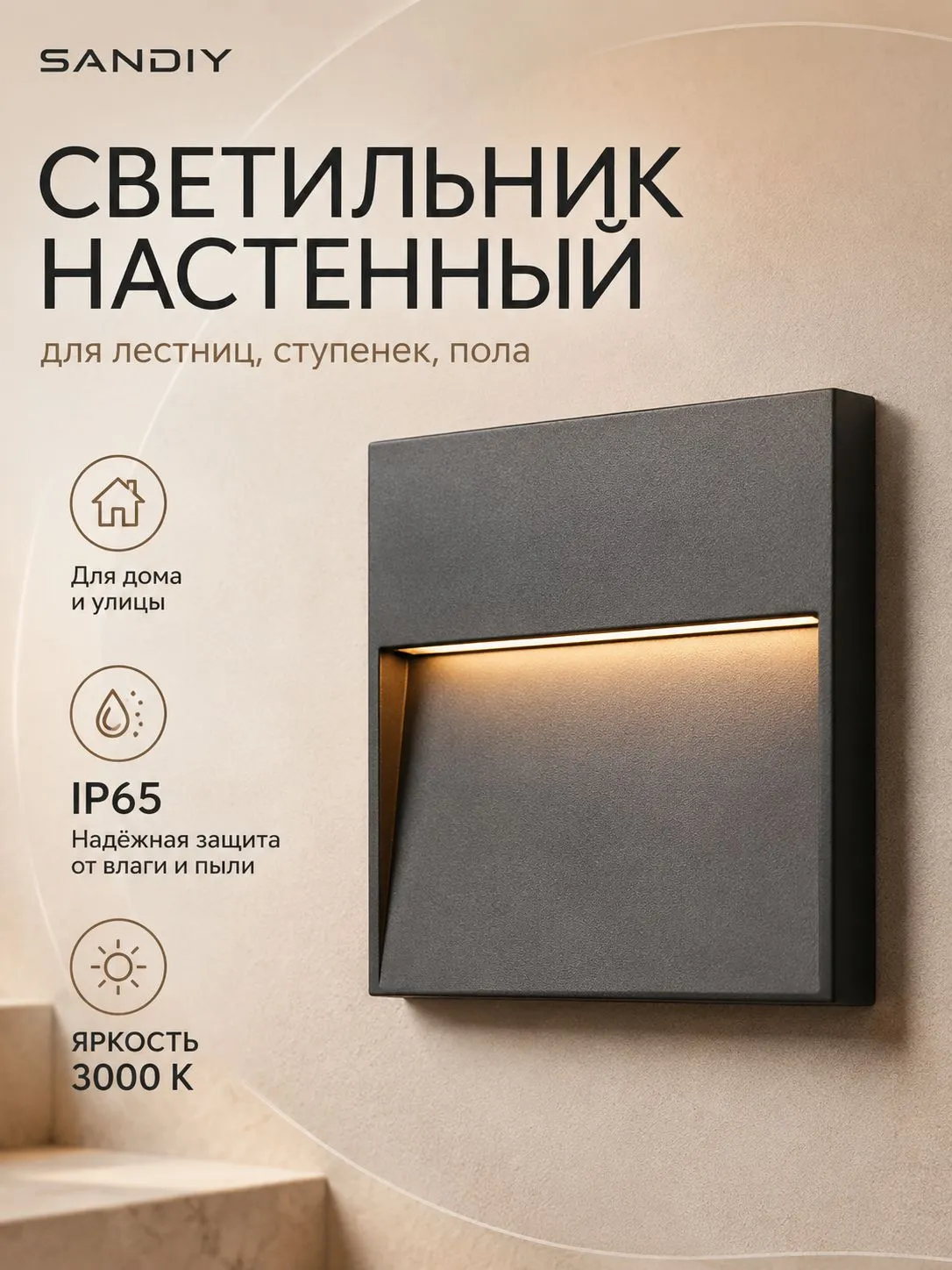 Светильник настенный для подсветки лестниц, ступеней и пола, алюминиевый корпус, модель