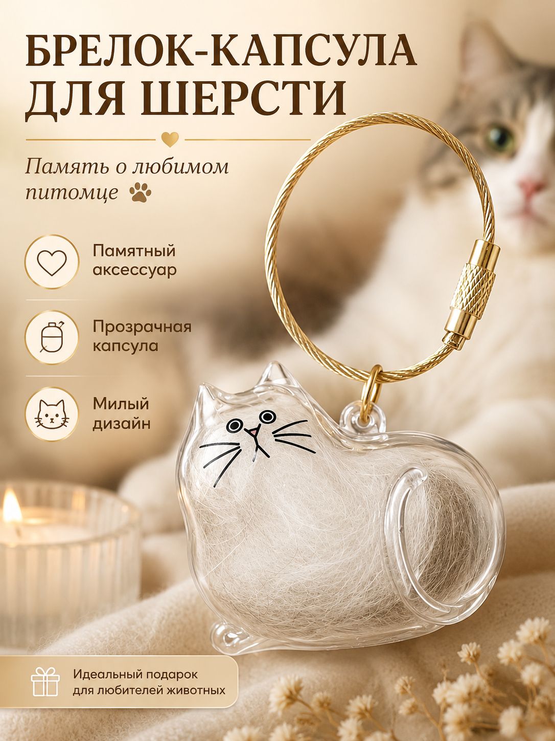 Брелок капсула для хранения шерсти кота и животных