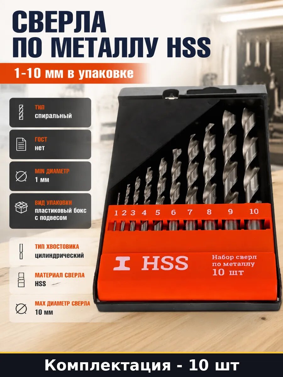 Сверла по металлу HSS набор 10 штук 1-10 мм в упаковке