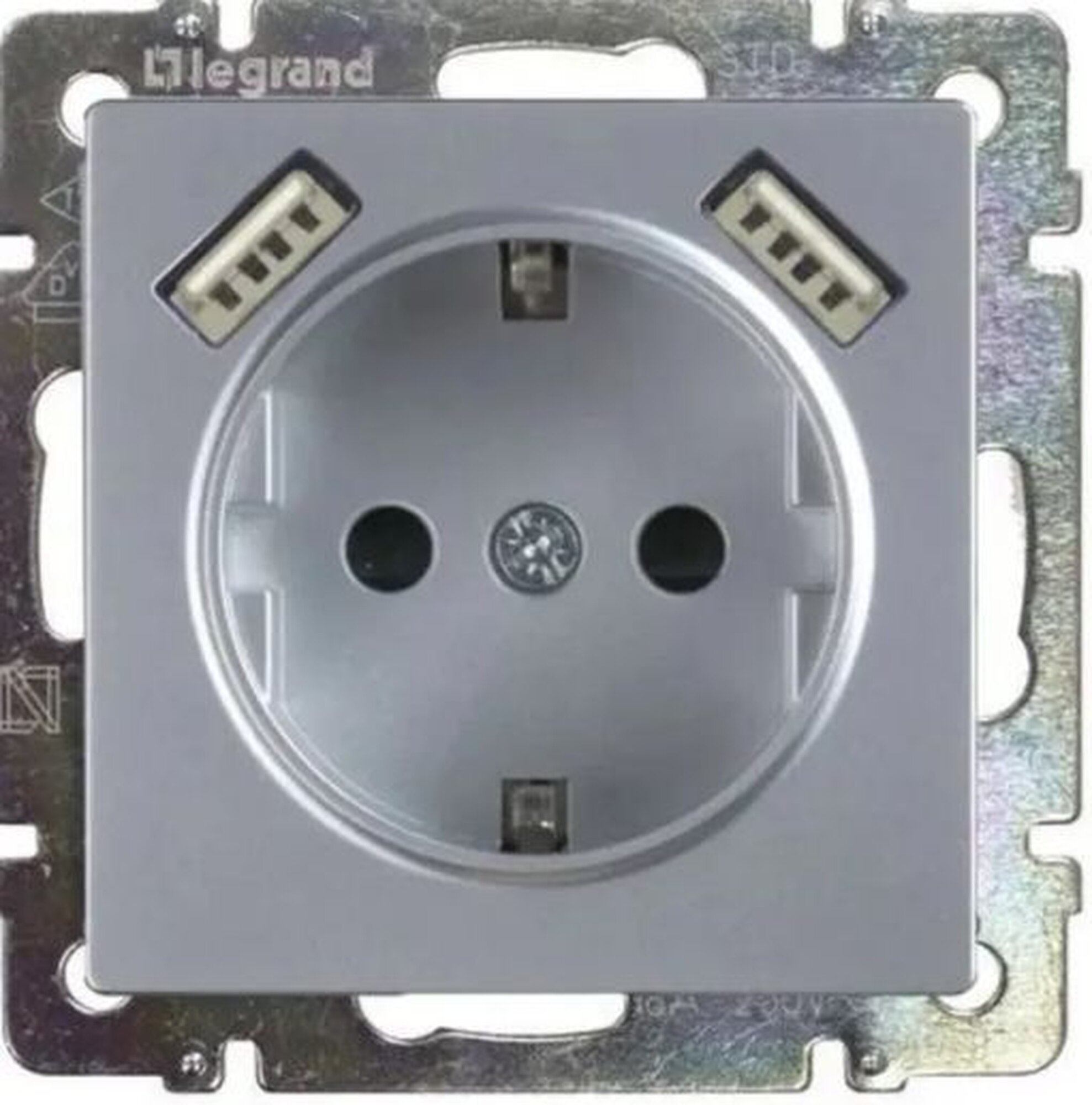 Розеткасзаземлением,2USB-порта, алюминий Legrand Valena, 1 шт.