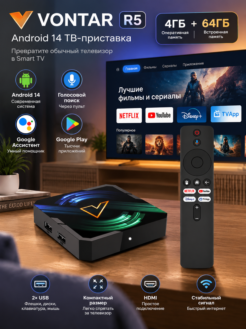Медиаплеер на Android 14 с голосовым пультом, 4 ГБ + 64 ГБ, Smart TV и приложения Disney+