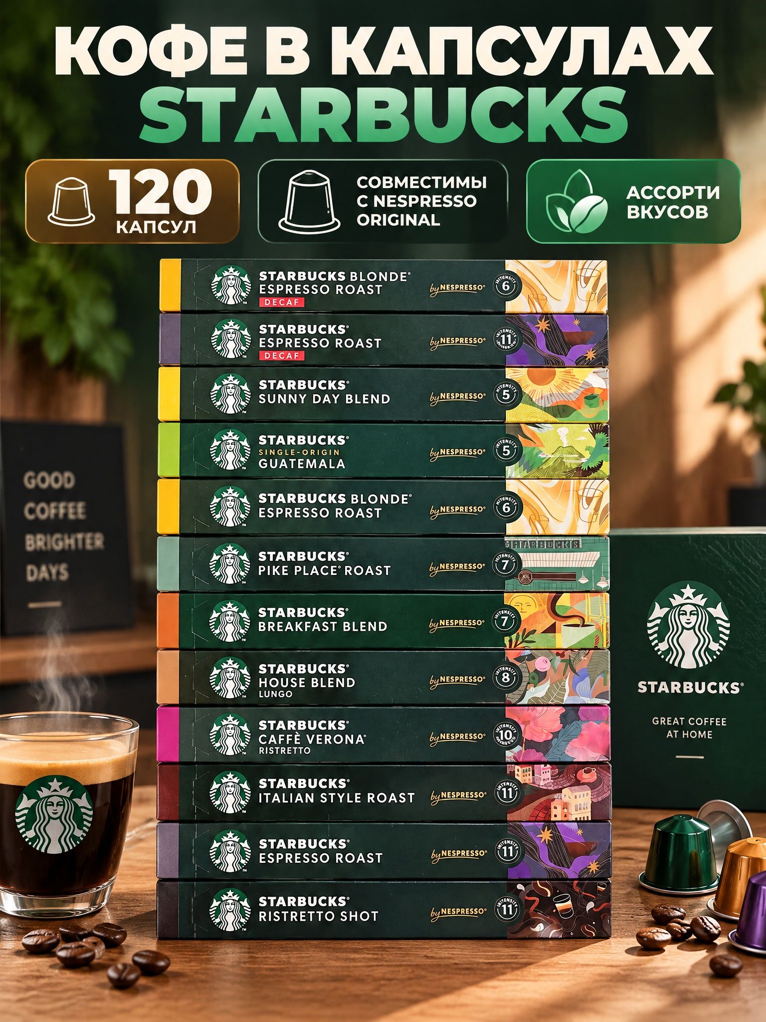 Кофе в капсулах Starbucks Blonde House Blend Espresso Roast Sunny Day Pike Place Guatemala Verona Ristretto Shot Italian Style Breakfast Blend Blonde Decaf Espresso Decaf, 120 капсул 12 упаковок