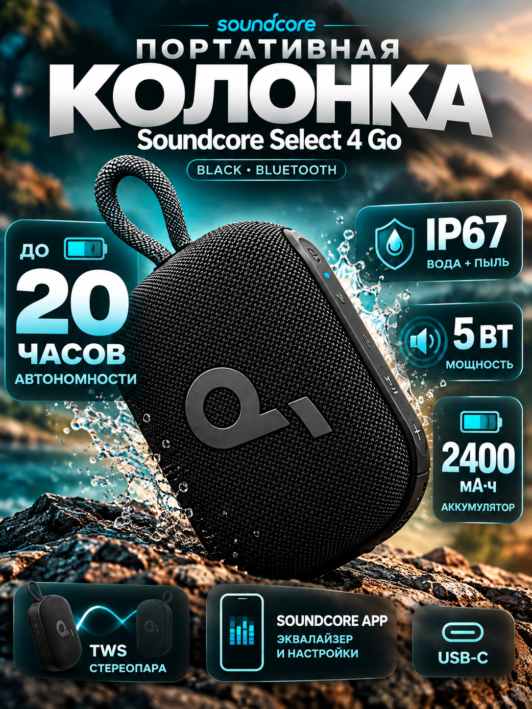 Портативная акустика Anker SoundCore Select Go 4, 5 Вт, 2400 мАч, IP67, черная