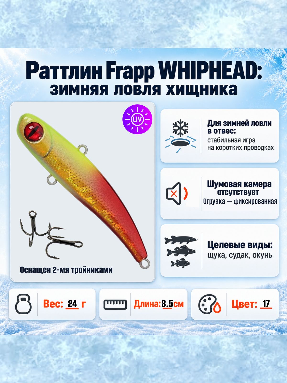 Раттлин для зимней рыбалки Frapp WHIPHEAD 85 #17, 85 мм, 24 гр, тонущий / Виб на судака / Ловля форели
