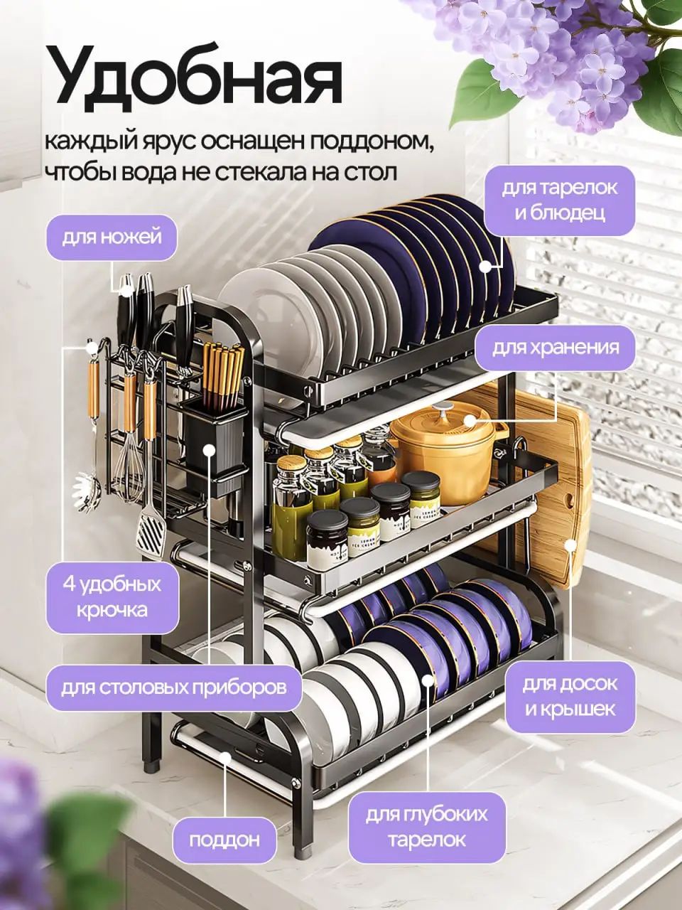 Поддон для сушилки посуды 30 см x 42 см х 39 см 1 шт установка на раковину abs пластик черный