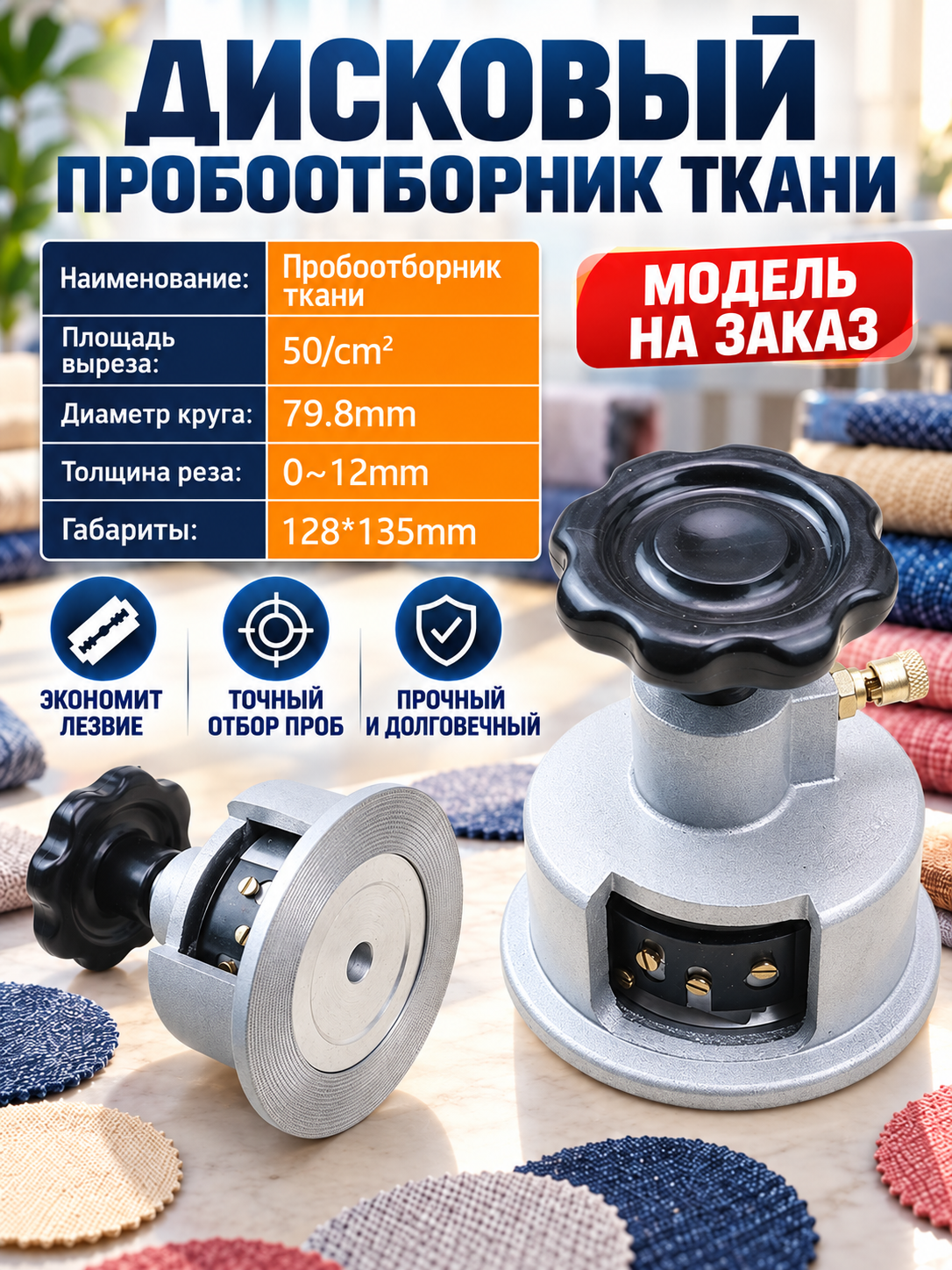 Дисковый пробоотборник для ткани, круглый резак 100 см², прибор для взятия проб текстиля, для определения поверхностной плотности материала