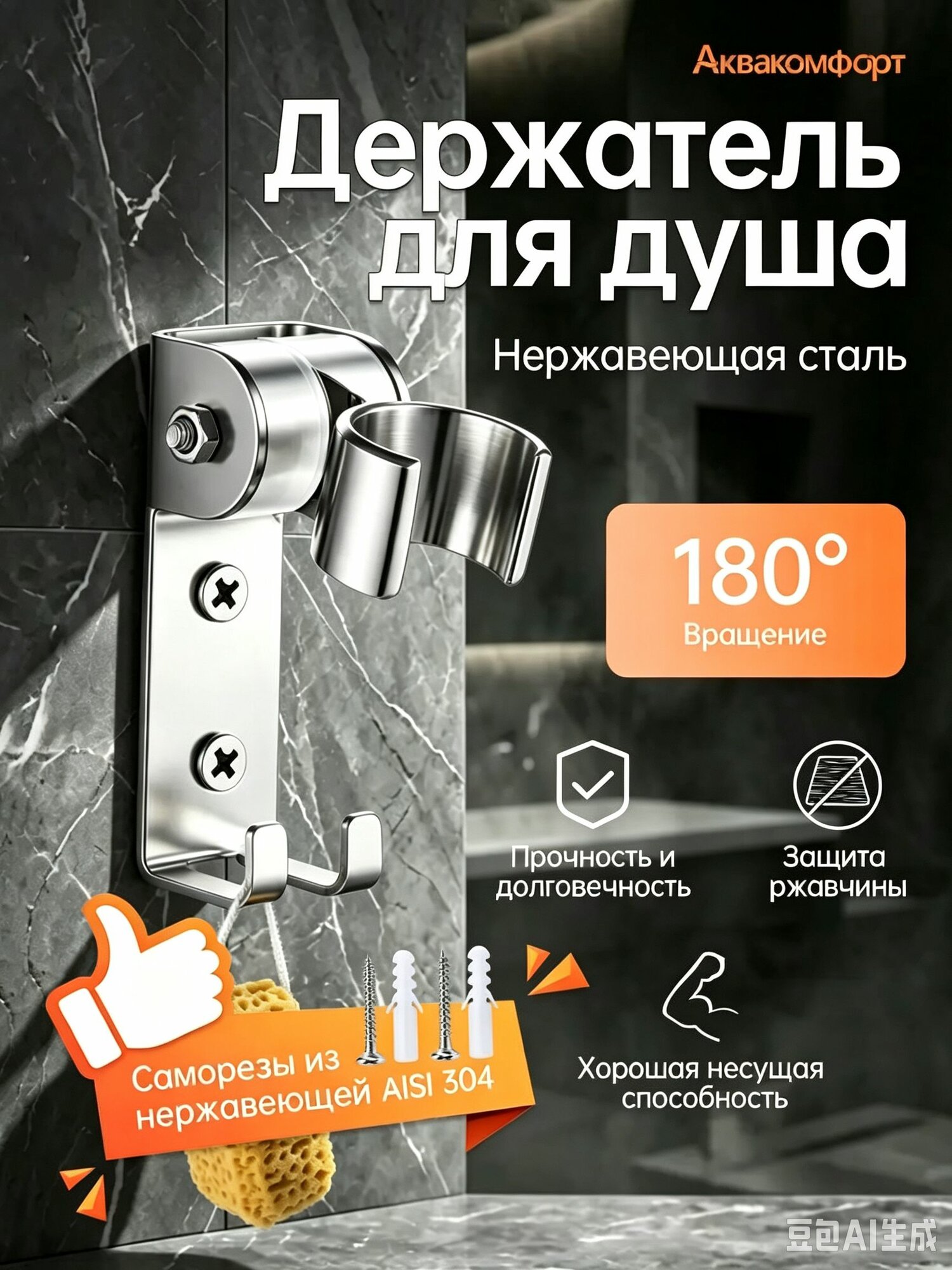 Держатель для лейки душа металлический, 2 крючка, регулировка высоты на 180, держатель для душа на стену на саморезах