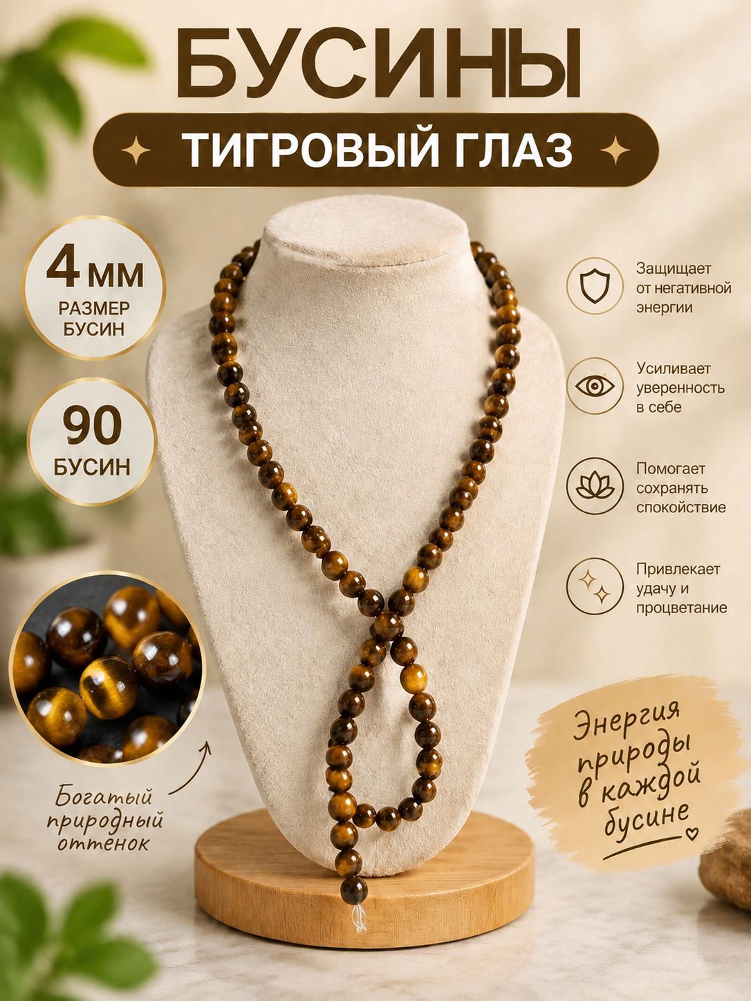 Бусины, Тигровый глаз 4мм. Около 90шт