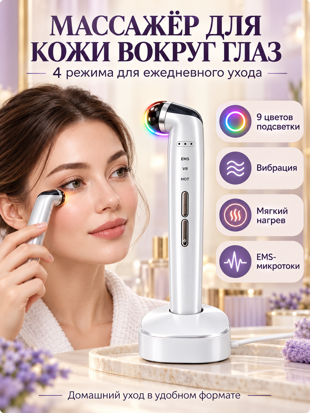 Миостимулятор для лица и глаз: массажер с микротоками, вибрацией и нагревом
