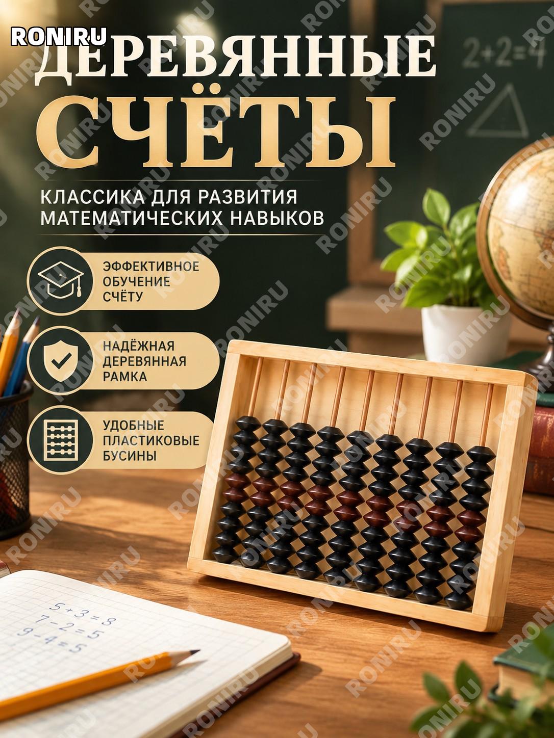 Счёты деревянные СССР, учебный набор для арифметики 20.9x13x2.2 см с рамой и пластиковыми бусинами для обучения