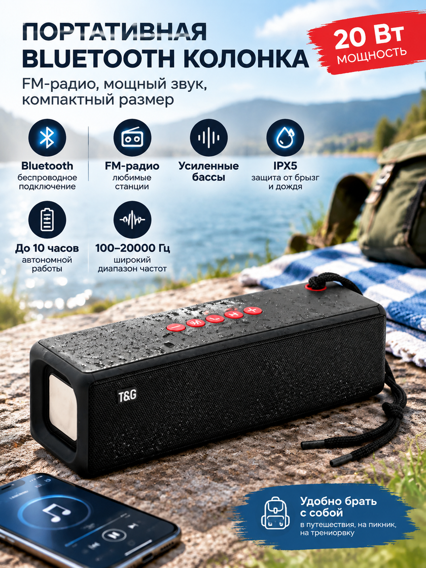 Портативный Bluetooth динамик с FM-радио, 20 Вт и защитой IPX5, автономность до 10 часов