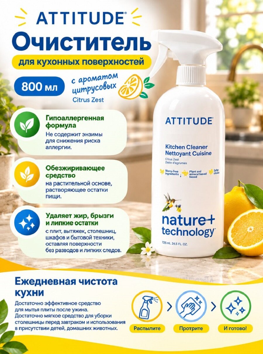 Очиститель ATTITUDE для кухонных поверхностей 800 мл Цитрус (Канада)