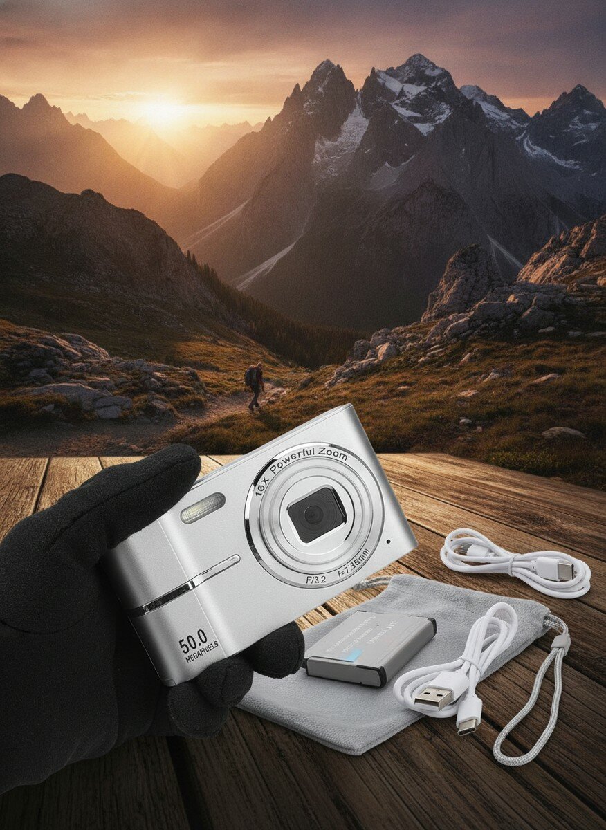 Цифровой карманный фотоаппарат серебристый 50MP FHD 1080p автофокус, 16x зум, 2.4 дюйма экран, компактный, для студентов