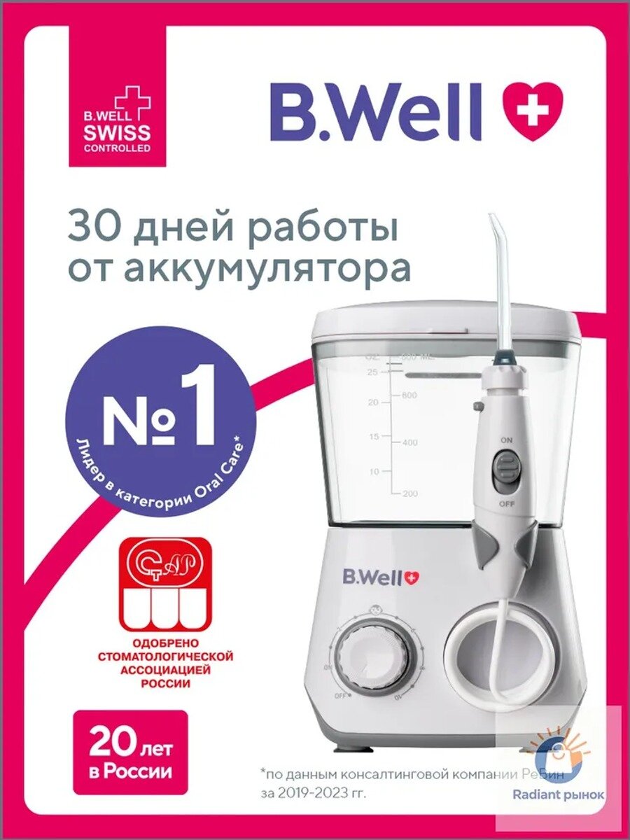 Стационарный беспроводной ирригатор B.Well WI933, аккумуляторный, для семейного и детского применения, качественный.