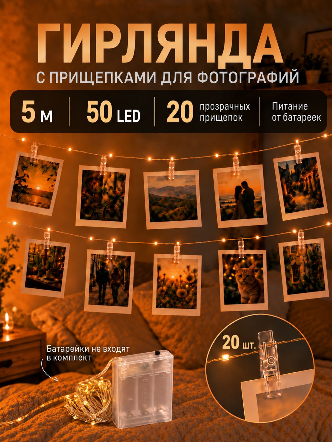 Электрогирлянда интерьерная Клип-лайт светодиодная 50 ламп, 5 м, питание от батарейки, 1 шт