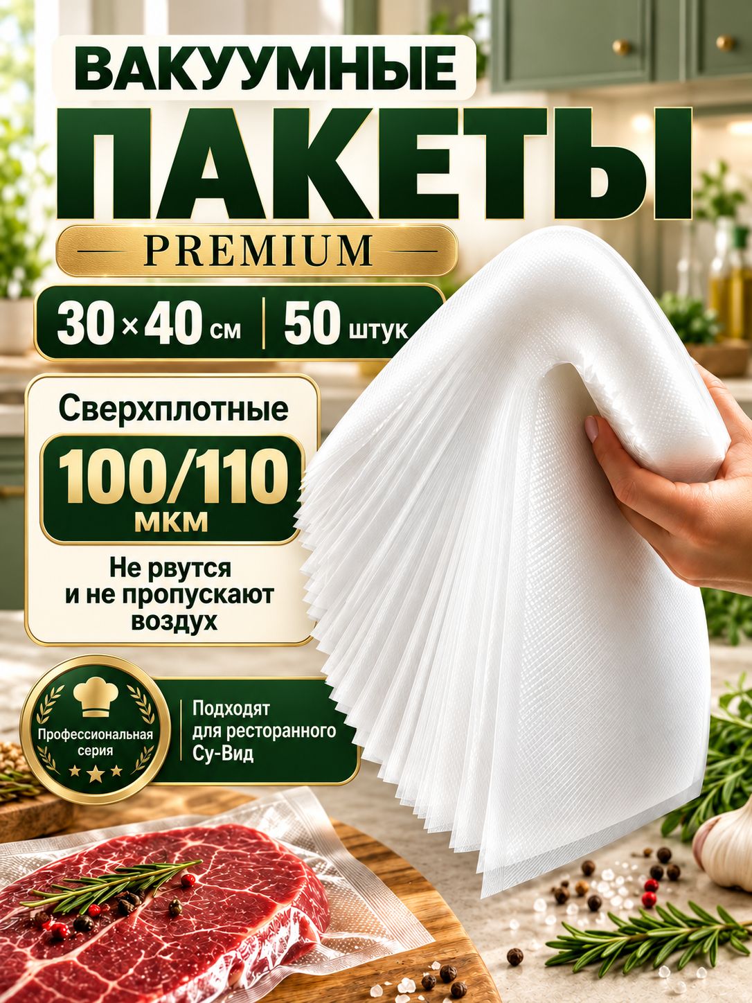 Пакеты для вакууматора 30х40 см рифленые для продуктов, су-вид и заморозки (50 шт)