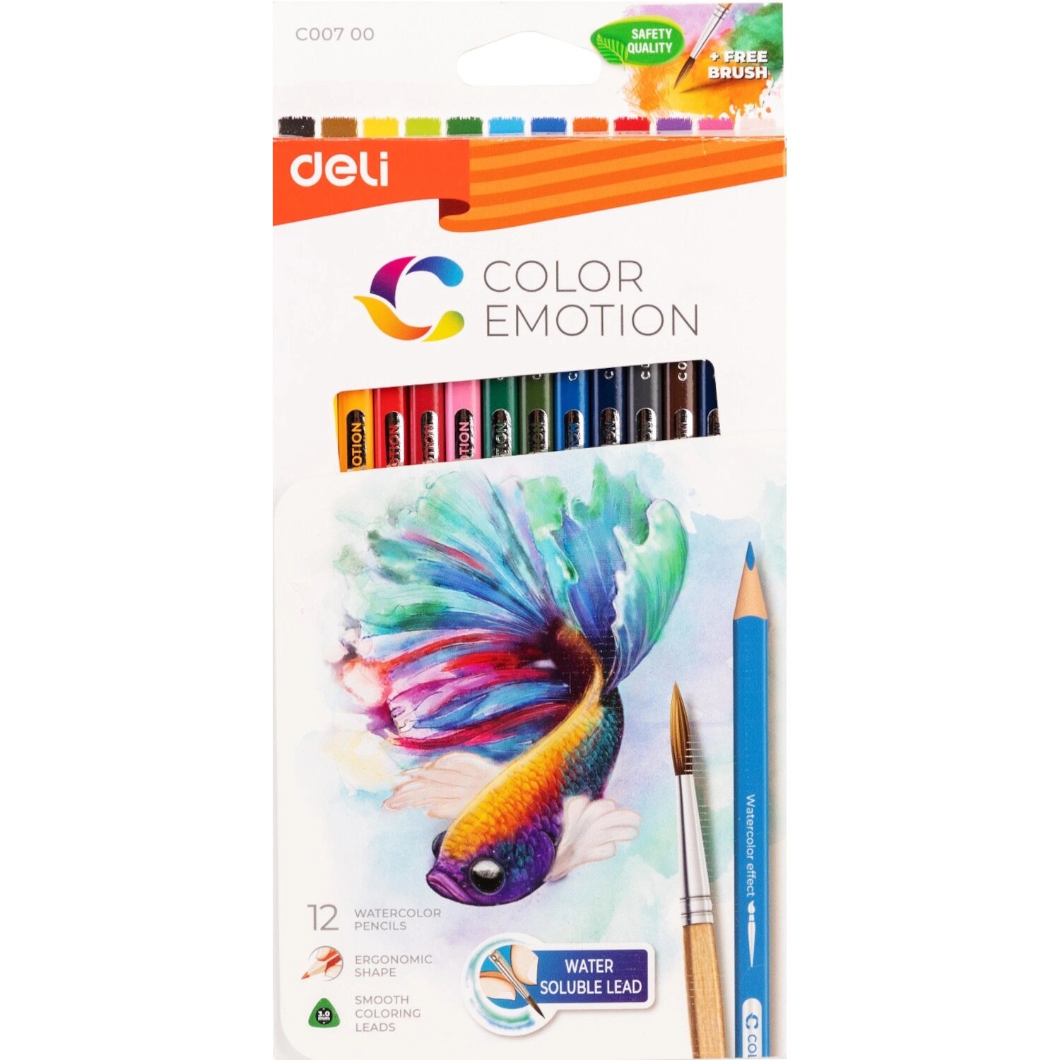 Deli Карандаши акварельные Deli Color Emotion трёхгранные 12 цветов с кистью в наборе