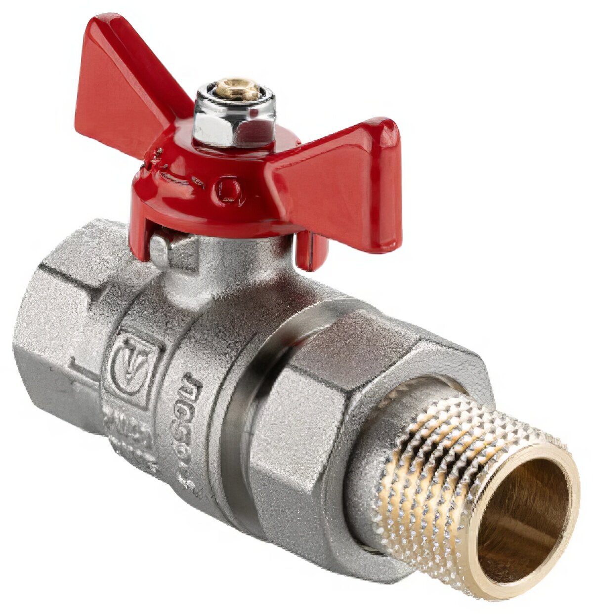 Кран шаровой латунный Valtec base-ГОСТ 1/2 ВР(г) х 1/2 НР(ш) бабочка со сгоном прямой (VT.227S. N.04)
