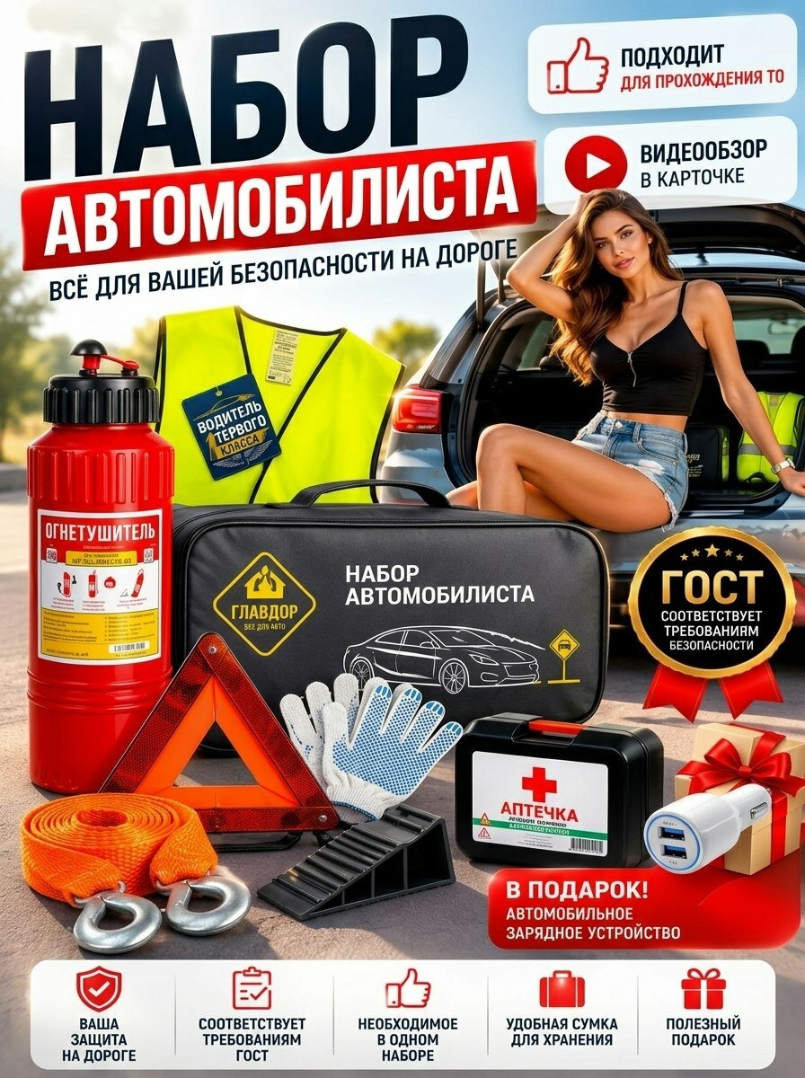 Аварийный дорожный набор автомобилиста ГОСТ 2026 г, в подарок ароматизатор и зарядное устройство для телефона