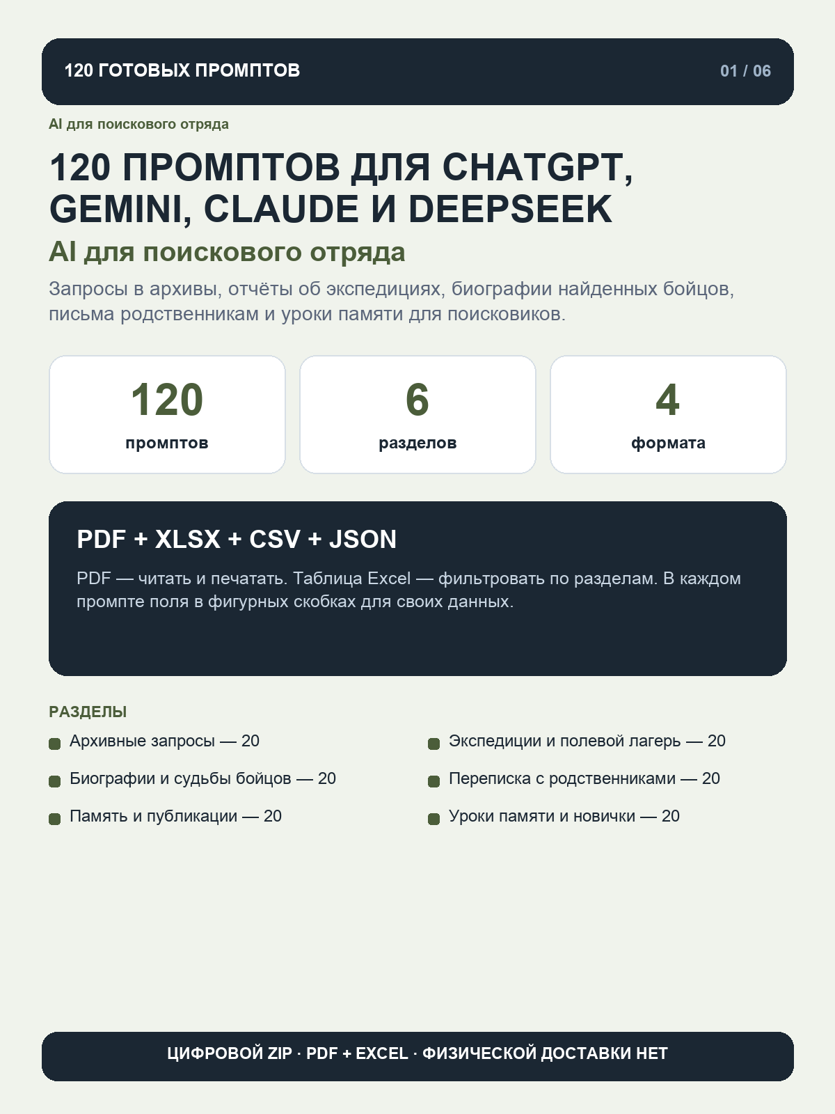 AI для поискового отряда: 120 промптов для ChatGPT, Gemini, Claude и DeepSeek, цифровая книга PDF A4