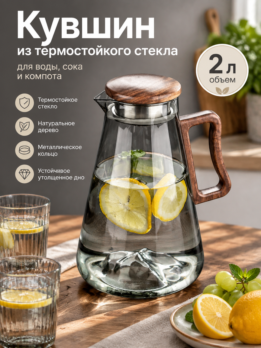 Кувшин из термостойкого стекла 2 л с деревянной ручкой и крышкой для воды, сока и компота
