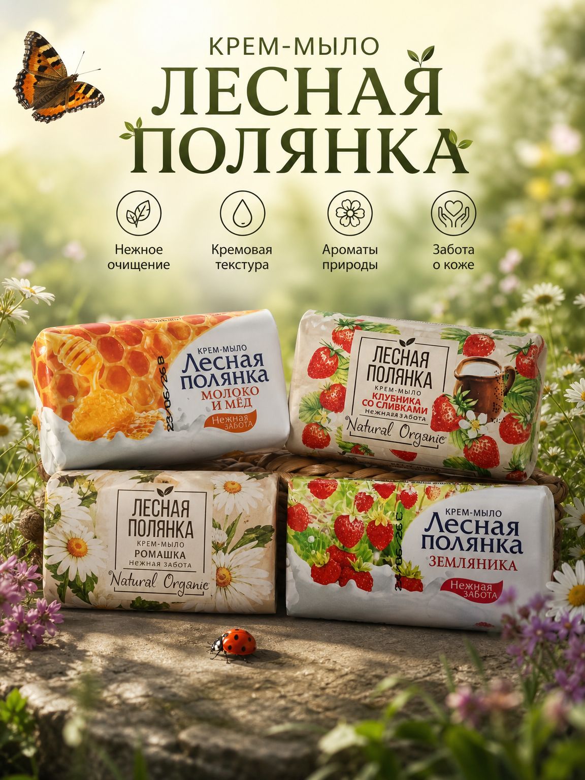 Крем-мыло лесная полянка Земляника, Клубника со сливками, Ромашка, Молоко и мед, 4 шт*90г