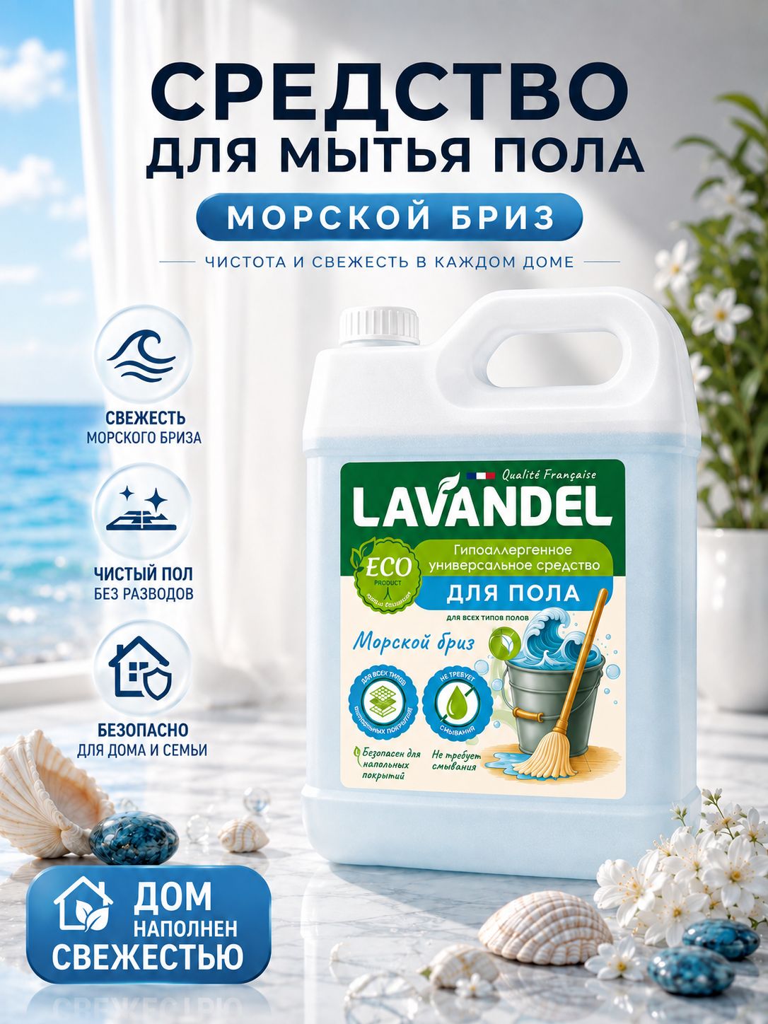 Средство для мытья пола и стен с ароматом морской свежести, 5л, Lavandel