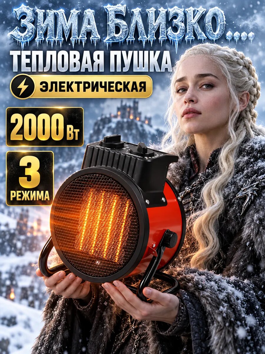 Обогреватель 2 кВт тепловентилятор тепловая пушка, для комнаты 30 кв. м