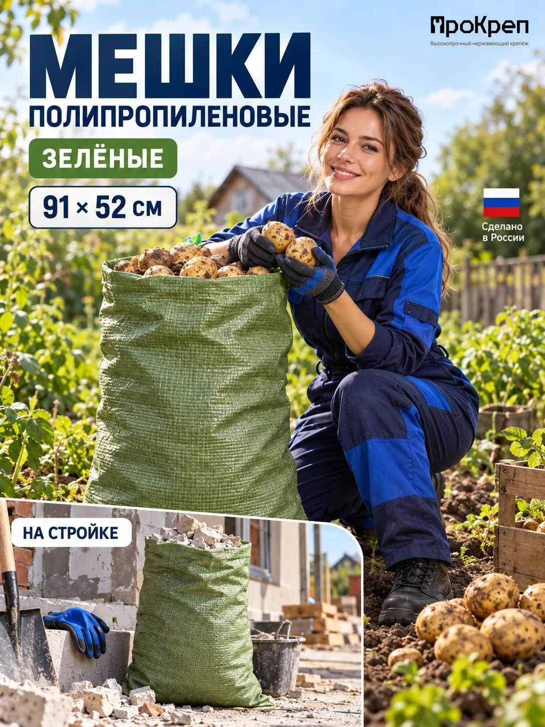 Мешки полипропиленовые для строительного мусора 91 52 см, зелёные, 5 шт, PK-PP-GREEN-5