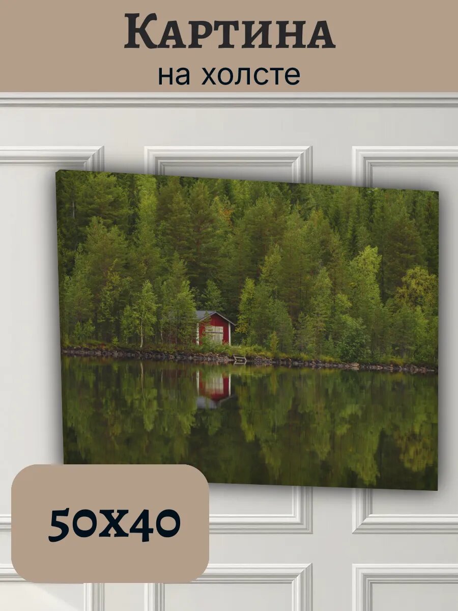 Картина Финляндия Finland 40x50 с красной хижина у озера