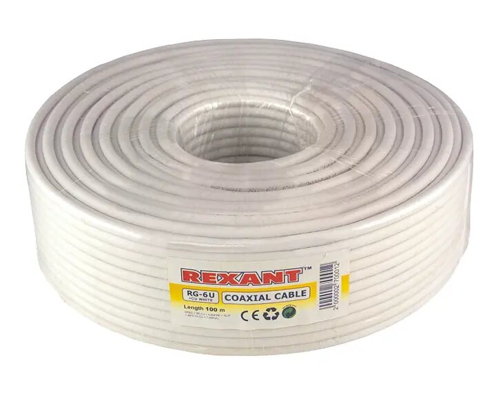 Кабель коаксиальный RG-6U+CU, 75 Ом (75%) белый Rexant (бухта 100 м) {01-2223}