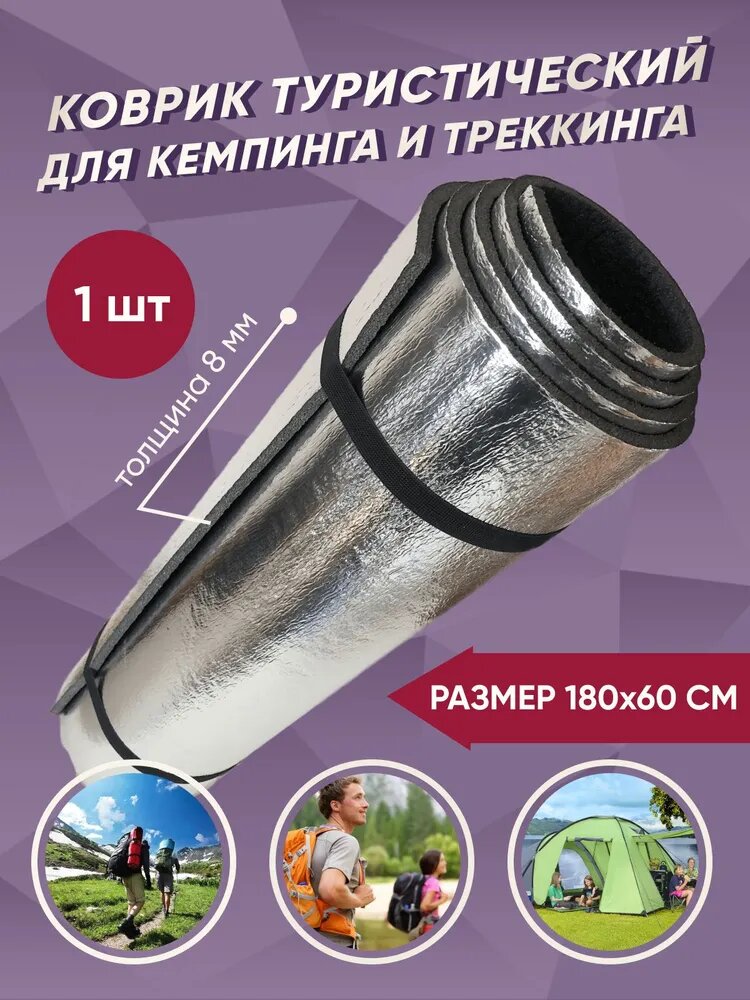 Коврик туристический фольгированный пенка толщина 1 см /для палатки, спальника, туризма, треккинга, йоги, ретрит на природе, фитнеса/ складной толстый +2 резинки для стяжки