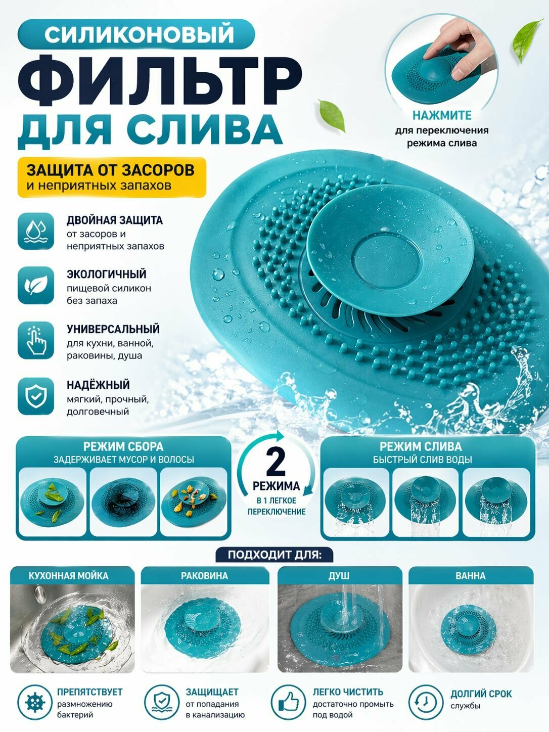 Фильтр-пробка улавливатель волос для слива ванной и раковины силиконовый универсальный