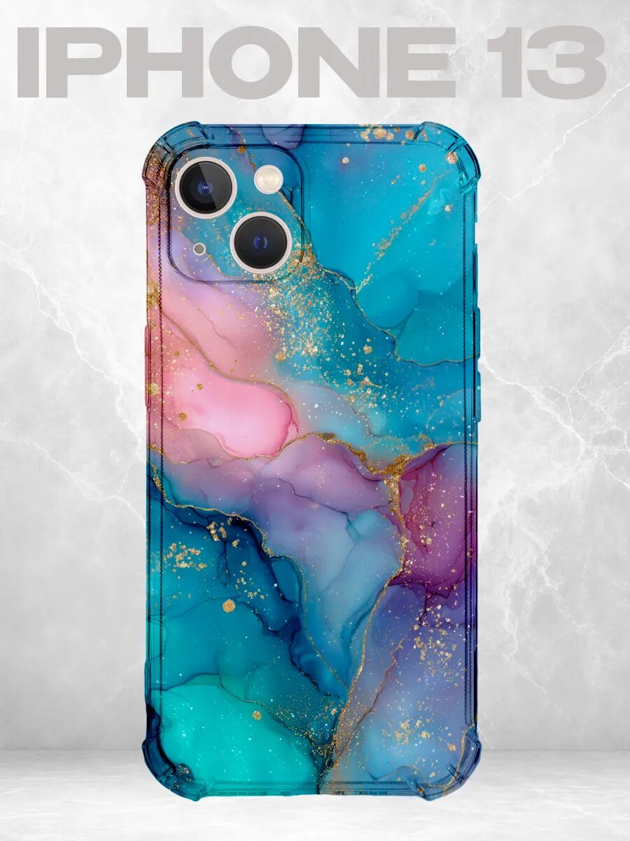 Чехол на iPhone 13 мрамор бирюзово-розовый