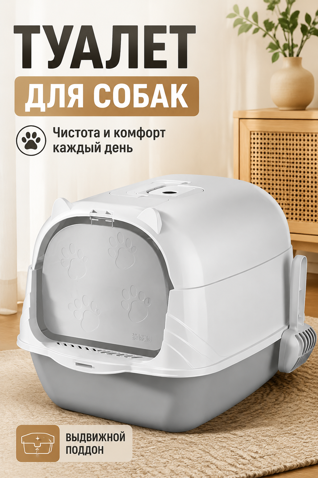 Овальный открытый туалет для собак с выдвижным поддоном, серый