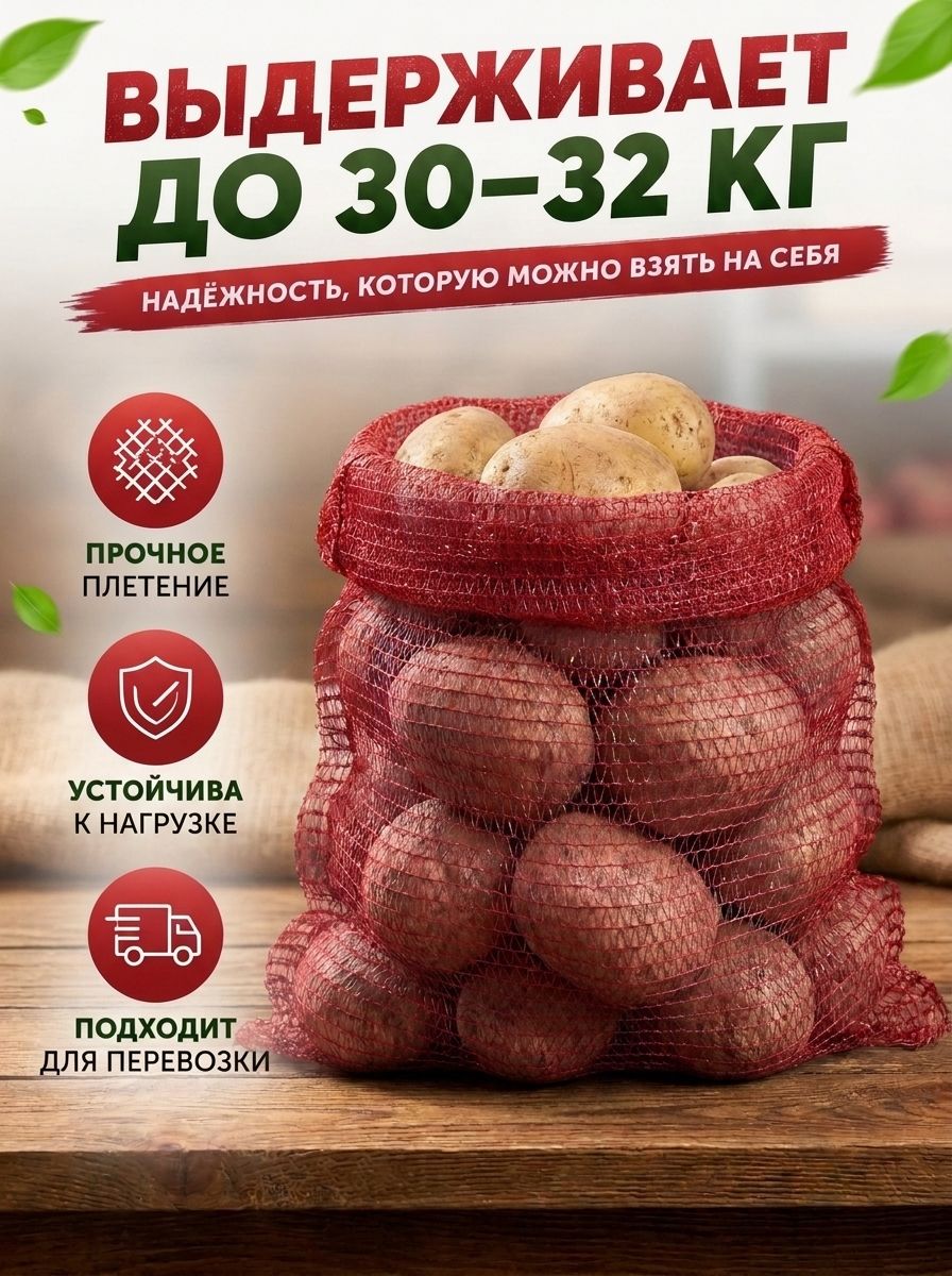 Сетка для овощей 45х75см - 10 шт, мешки с завязками до 30-32 кг красные