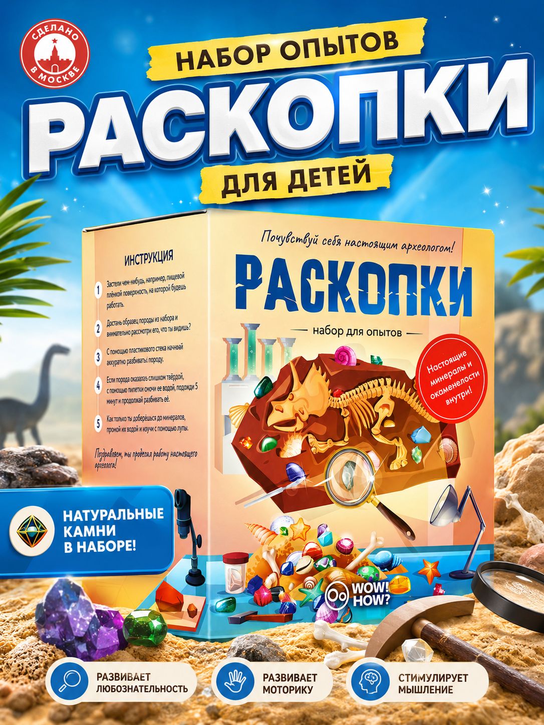 Набор для опытов и экспериментов WOW! HOW: Раскопки для мальчиков, для девочек. Настоящие минералы, подарок для мальчика, для девочки.
