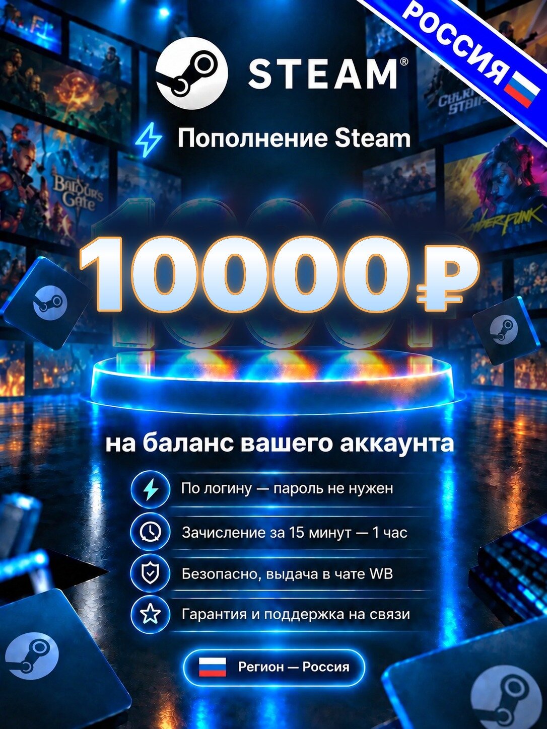 Пополнение Steam 10000 RUB по логину, цифровой код активации