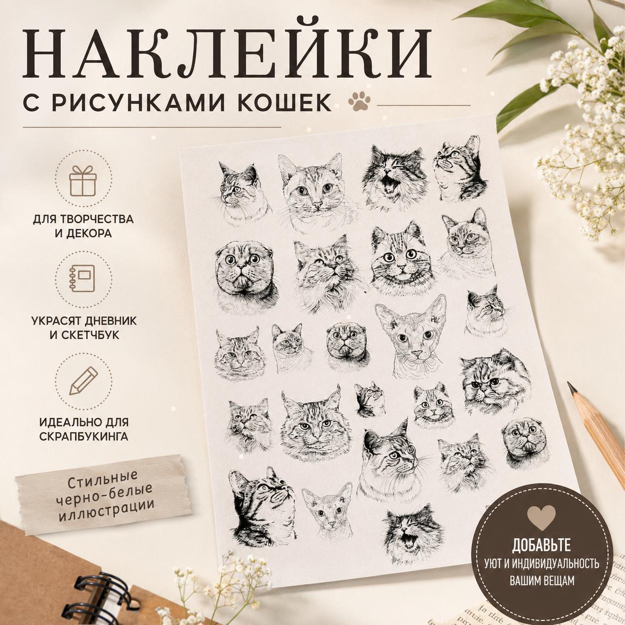 Набор из 4 листов наклеек с черно-белыми рисунками кошек, декоративные стикеры для скрапбукинга, дневников, DIY и творчества