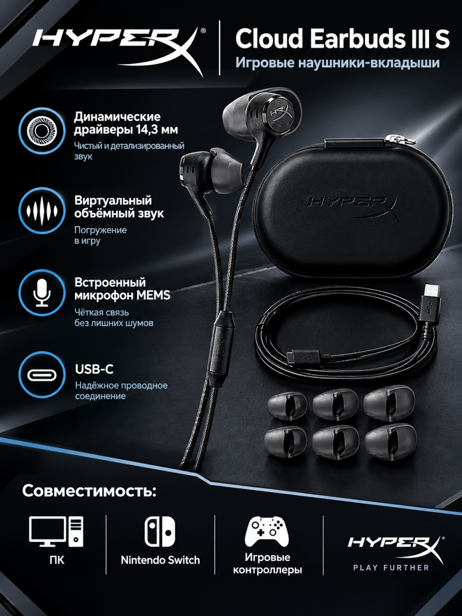 HyperX Cloud Earbuds III S игровые наушники с динамическими драйверами 14,3 мм, виртуальным объёмным звуком и микрофоном