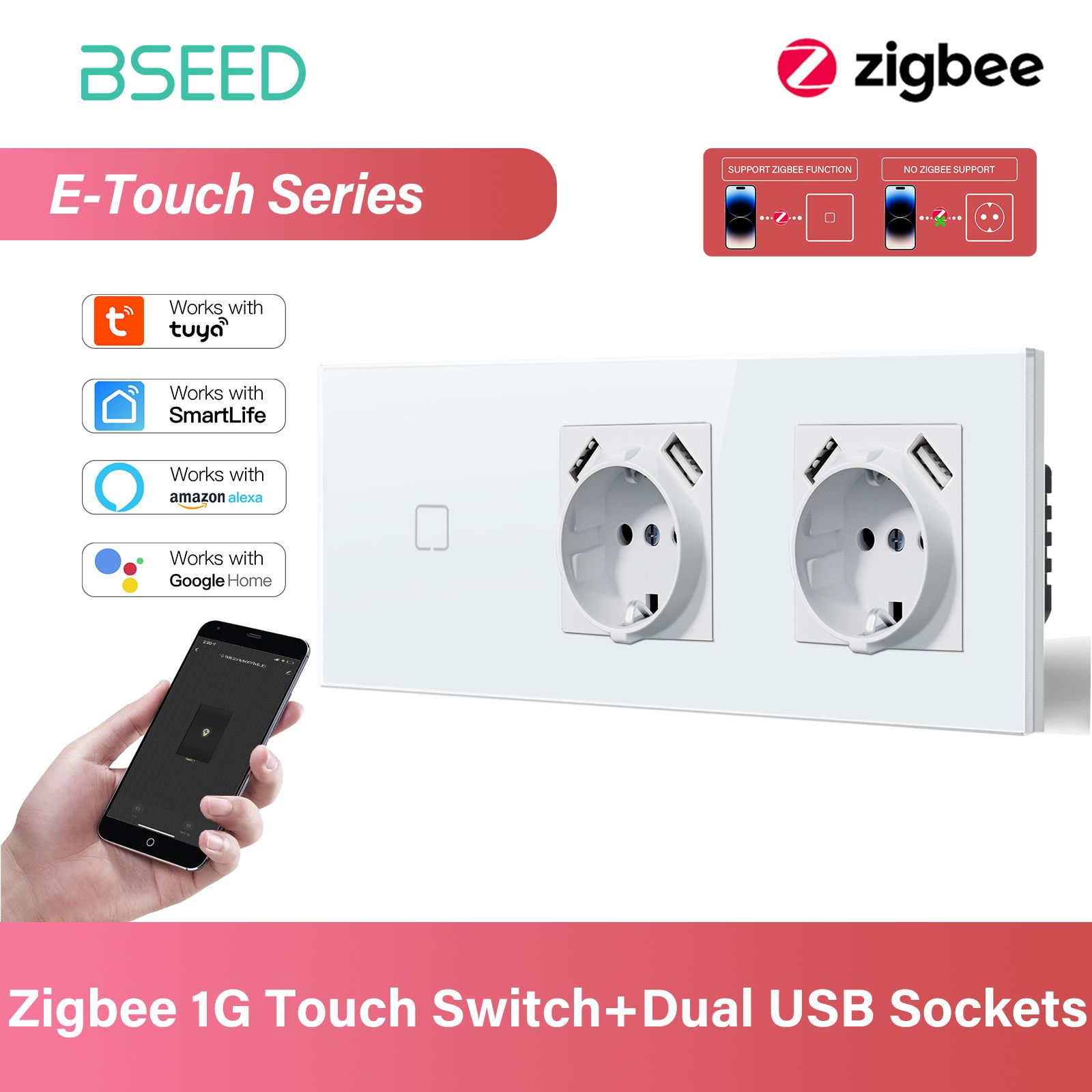 Умный сенсорный выключатель с розеткой с 2USB, 1 клавиши 2 розетка, ZIGBEE, Smart Life с Алисой