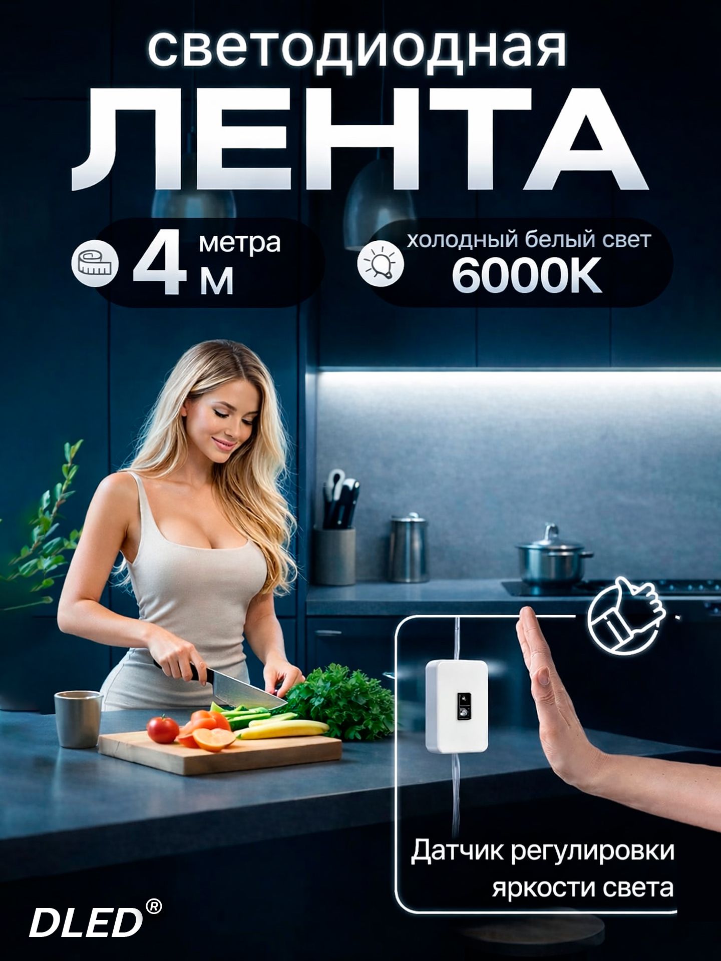 USB LED Лента COB с бесконтактным выключателем, 6000К холодный белый - 4 метра