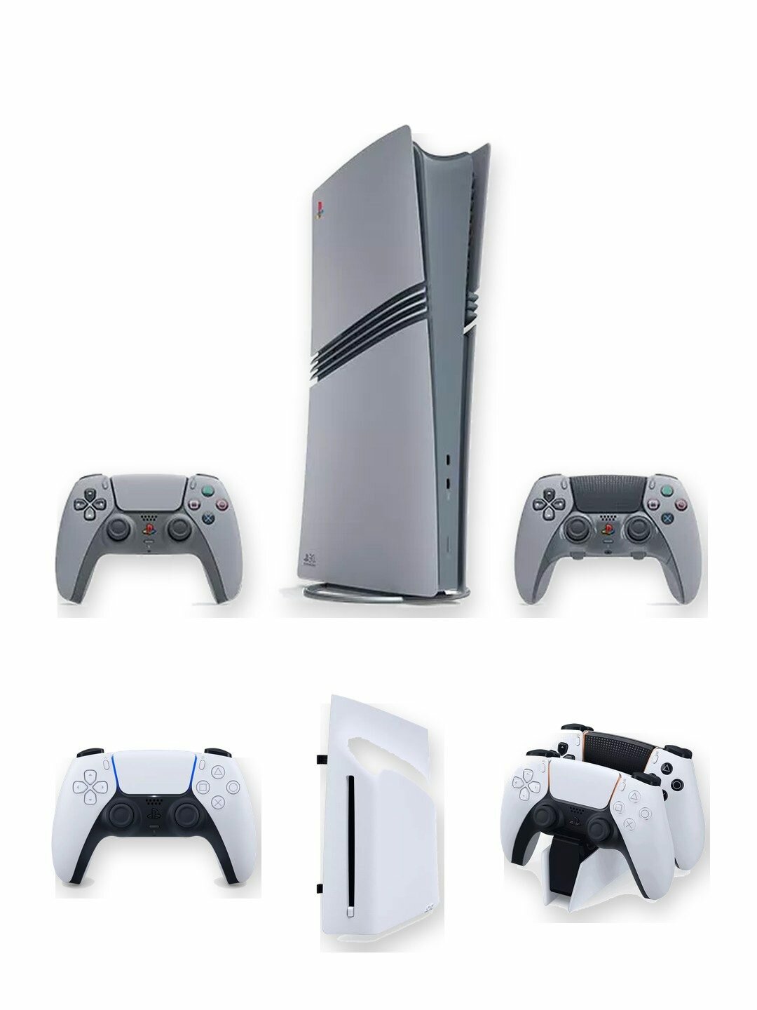 Игровая приставка Sony PlayStation 5 Pro 30th Anniversary Limited Edition 2 ТБ без дисковода, серая в стиле PS1, европейская версия + 2-й геймпад DualSense White + внешний дисковод + зарядная станция