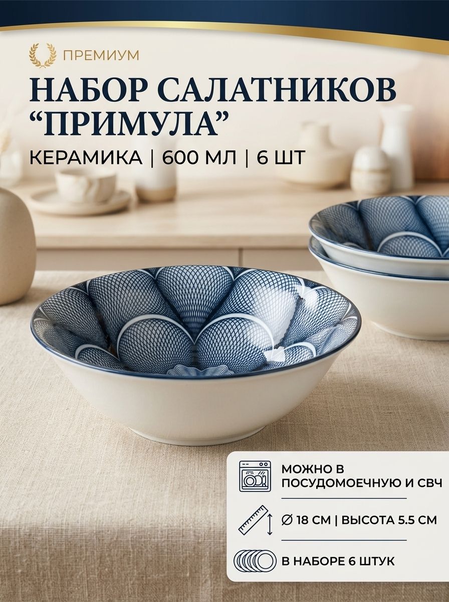 Набор тарелок суповых керамических с узором "Примула", 600 мл, d 18 см, 6 шт
